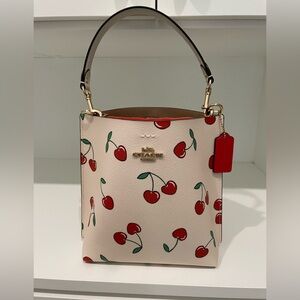 NWT Coach Mollie 22 Small Heart Cherry Print Coated Canvas Bucket Handbag